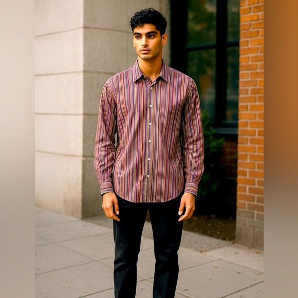 Men's Bugatchi Striped Shirt - Multicolor—Size Large - Picture 1 of 4